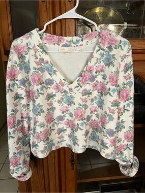 LoveShackFancy Off White Floral V-Neck Crop Top in Pink & Blue